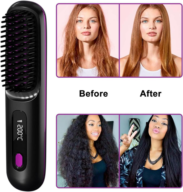 Fer À Lisser Sans Fil - Brosse À Air Chaud avec Technologie Ion Négatif pour des Cheveux Lisses et Soyeux en un Instant - Rechargeable par USB et Design Anti-Brûlure