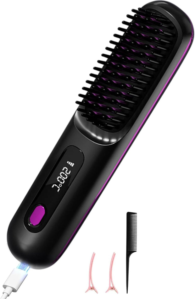 Fer À Lisser Sans Fil - Brosse À Air Chaud avec Technologie Ion Négatif pour des Cheveux Lisses et Soyeux en un Instant - Rechargeable par USB et Design Anti-Brûlure